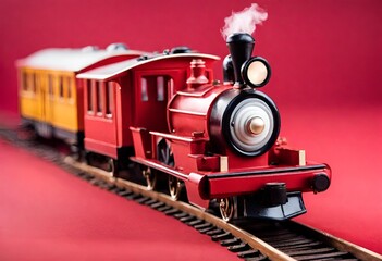 ferrocarril de juguete sobre fondo de color rojo