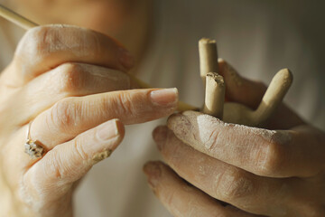 A woman makes a ceramic pot and attaches the legs.