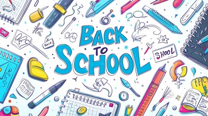 A vibrant and playful illustration featuring a variety of school supplies, emphasizing a fun back-to-school theme.