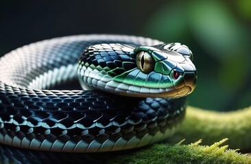A green snake lies curled up on a green background.