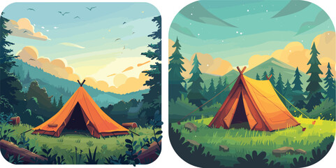 Vector illustration for outdoor recreation themes, Colorful tents set up in a lush forest under a clear sky.