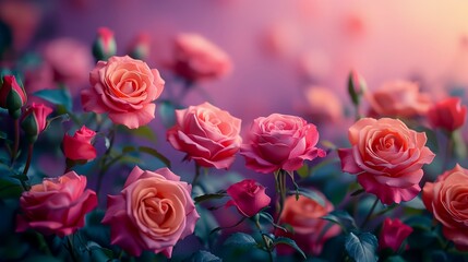 Fototapeta premium A field of pink roses with a purple background