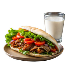 Freshly Prepared Pulled Pork Pita Sandwich With Lettuce And Tomato, Served With A Glass Of Milk