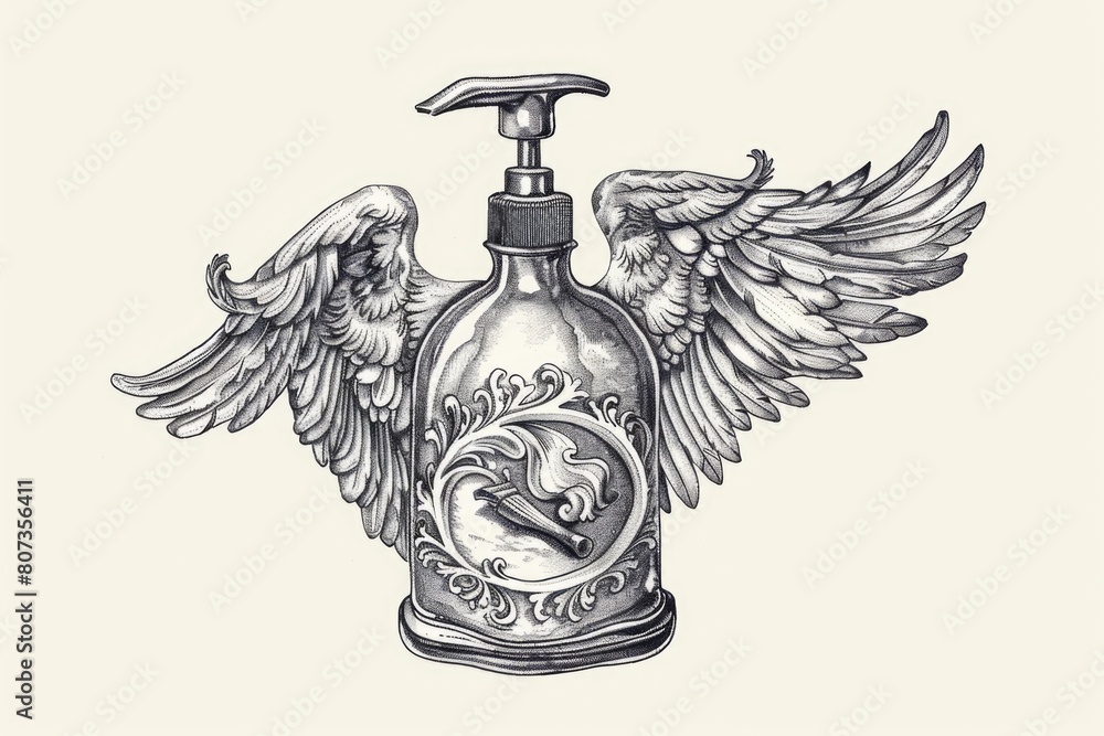 Poster a unique drawing of a bottle with wings. perfect for various design projects