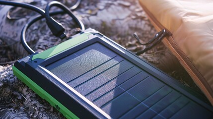 Eco-friendly solar charger, close-up with devices charging, sustainable camping tech 