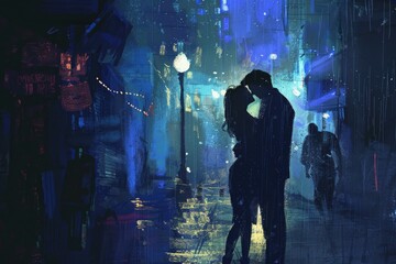 Romantic image of a couple sharing a kiss in the rain, perfect for love-themed designs
