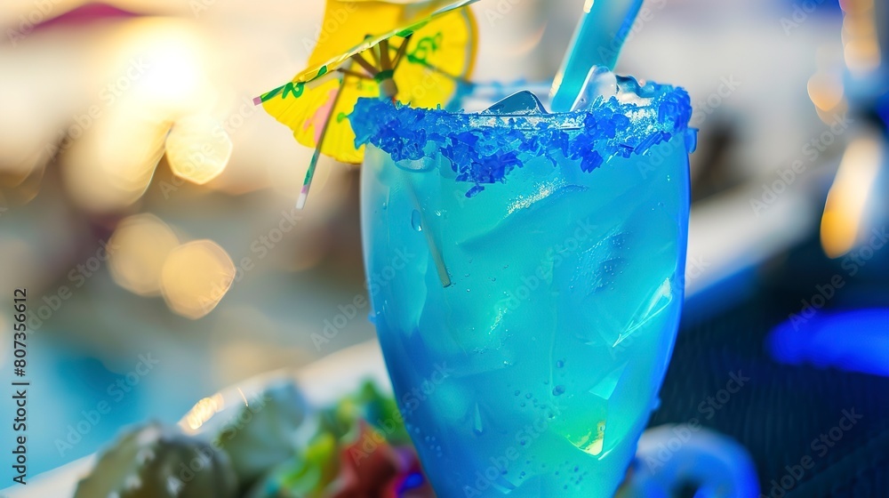 Wall mural Nautical themed cocktail, close-up of glass with blue hues and ocean garnish -