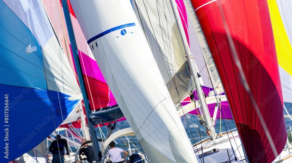 Sticker Regatta race start, close-up of colorful sails and bustling crew, competitive spirit 