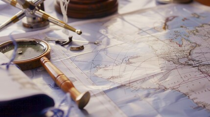 Captain's navigation charts, close-up of maps and tools, strategic planning