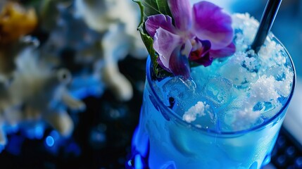 Nautical themed cocktail, close-up of glass with blue hues and ocean garnish