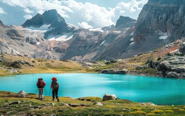 Two hikers admire a turquoise lake surrounded by rugged mountains.