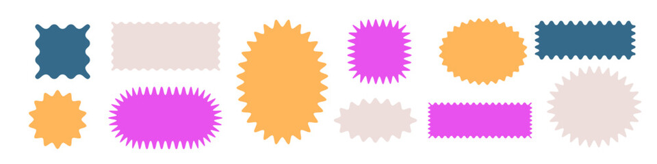 Zigzag circle badge, color rectangle frames set. Label price callout. Flat vector illustration isolated on white background.