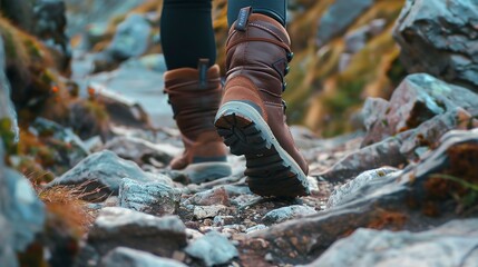 Hiking guide's boots on rocky path, close-up, leading the way in nature