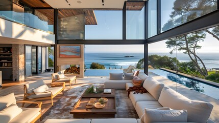 HD wallpaper of a contemporary beach house with open spaces, natural light, and stunning ocean views, blending indoors with outdoors - Powered by Adobe