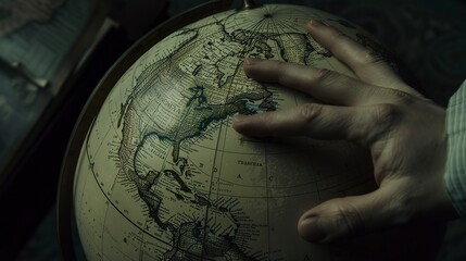 Vintage globe, close-up on aged surface, fingers tracing a route 