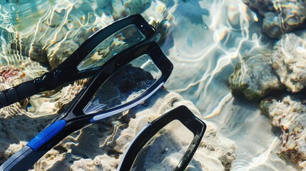 Snorkeling guide's fins and snorkel, close-up, ready for underwater discovery 
