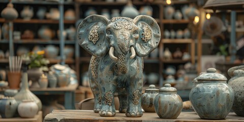 Discover a serene oasis at the Handmade Pottery Shop, where an elephant figurine complements calming earth tones and minimalist decor.