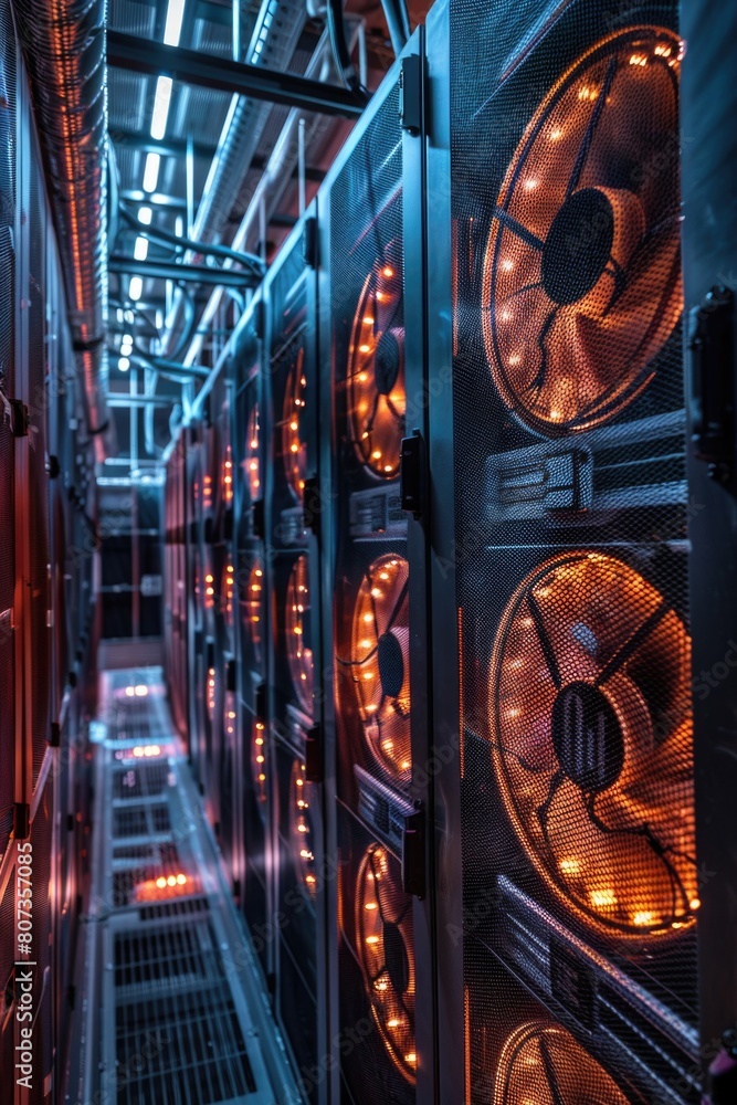 Poster a row of computer servers in a server room. suitable for technology and data storage concepts