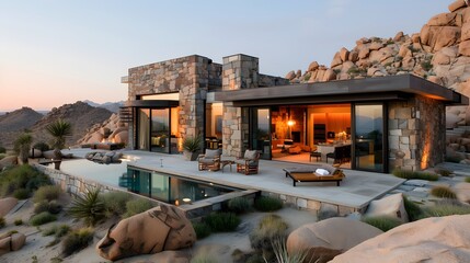 HD wallpaper of a contemporary desert home with seamless indoor-outdoor living spaces, natural stone walls, and desert views