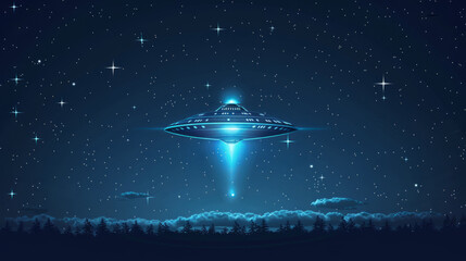 simple banner featuring a ufo spaceship and stars on a dark blue background, celebrating ufo world day with minimalist illustration