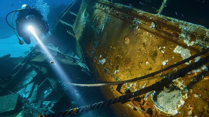 Shipwreck exploration, close-up of diver's flashlight beam on rusted hull 