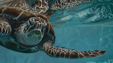 Naklejka premium Sea turtle swimming, close-up of shell patterns and flippers, serene ocean -
