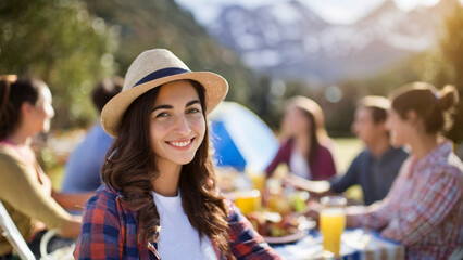 Portrait of smiling young woman at picnic table with friends in background