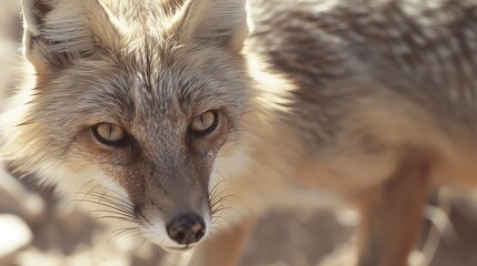 Desert fox in habitat, close-up of keen eyes and soft fur, subtle camouflage 
