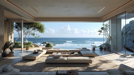 HD wallpaper of a contemporary beach house with open spaces, natural light, and stunning ocean views, blending indoors with outdoors