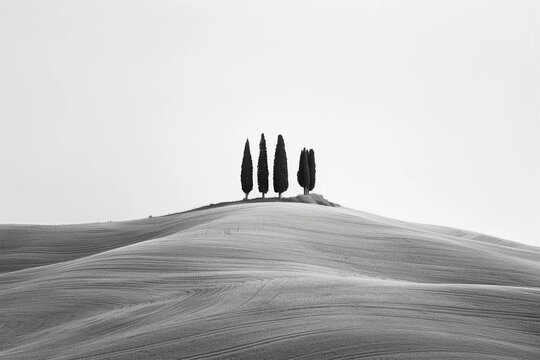 minimalist panorama of the Crete Senesi with some cypresses on the hills, solitude, minimal image