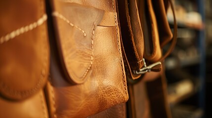 Leather goods in artisan shop, close-up of stitching and quality material, rustic charm 
