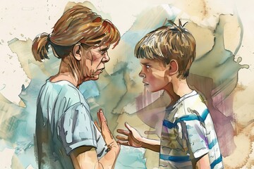 illustration of a mother arguing with her son , angry at each other