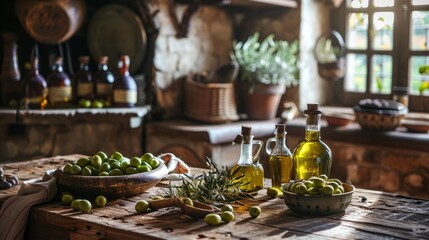 mediterranean table setting, a mediterranean-inspired scene with olives, olive oil, and a drizzler on a rustic wooden table, evoking a sense of rustic charm
