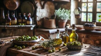 Fototapeta premium mediterranean table setting, a mediterranean-inspired scene with olives, olive oil, and a drizzler on a rustic wooden table, evoking a sense of rustic charm