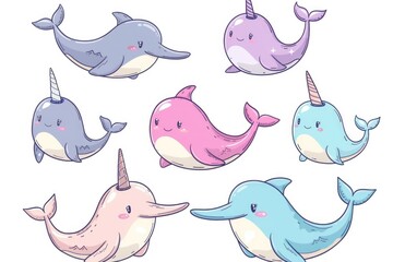 A collection of adorable narwhal illustrations. Perfect for children's designs and marine-themed projects - obrazy, fototapety, plakaty