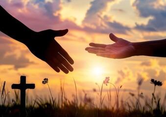 Hand reaching out to help another silhouette with cross and sun in background, symbolizing support for christian people during rough times of life Generative AI