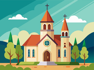 Flat design christian church building. Vector illustration for religion architecture design. Cartoon church building silhouette with cross, chapel, fence, trees. Catholic holy traditional symbol. 