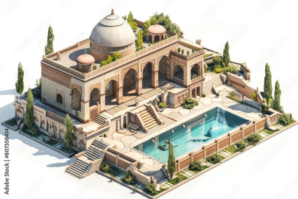Poster a large building featuring a unique pool in the center, suitable for architectural and real estate c