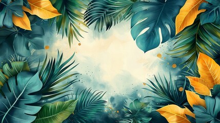 A tropical botanical triptych wall art modern design, with palm leaves, Monstera leaves, Golden line drawings, and watercolor hand painting for wall decor, posters and wallpaper.