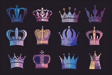 A variety of vibrant crowns against a dark backdrop. Perfect for royal-themed designs