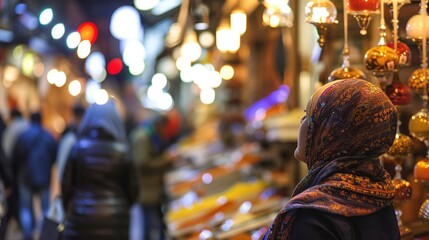 Obraz premium Traveler in a vibrant market in Istanbul, close-up on colorful spices and detailed textures, bustling ambiance