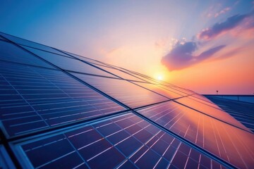 A photo of a solar panel with the sun setting in the background. Suitable for environmental and renewable energy concepts