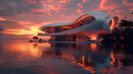 HD wallpaper of a futuristic villa by the water, featuring sweeping curves and advanced materials, set against a dramatic sunset