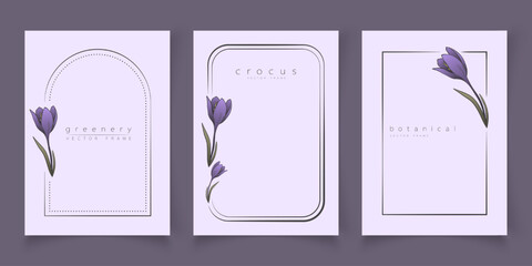 Botanical line art illustration set of crocus flower frames templates for wedding invitation and cards, logo design, web, social media and posters template. Elegant minimal style floral vector isolate