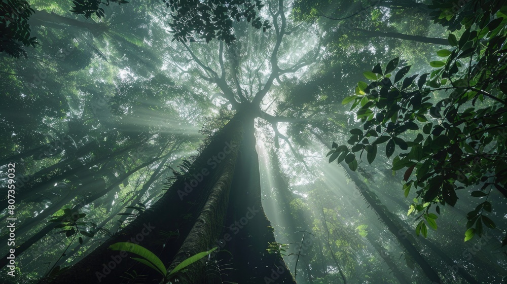 Poster sunlight shining through dense forest canopy. suitable for nature and environment concepts