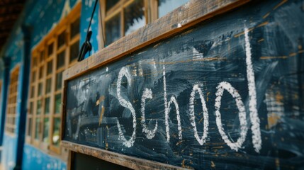 Obraz premium the blackboard displays school in white chalk, representing a back-to-school concept in this banner mockup