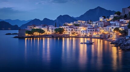 serene Greek island at twilight lights reflecting in calm waters