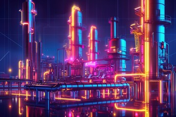 A modern cityscape illuminated by neon lights, suitable for technology or nightlife concepts