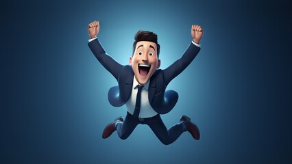 3D render of a tiny businessman jumping joyfully, blue background