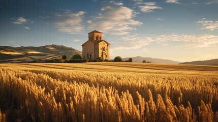 Naklejka premium Demeter's secluded temple surrounded by golden wheat fields